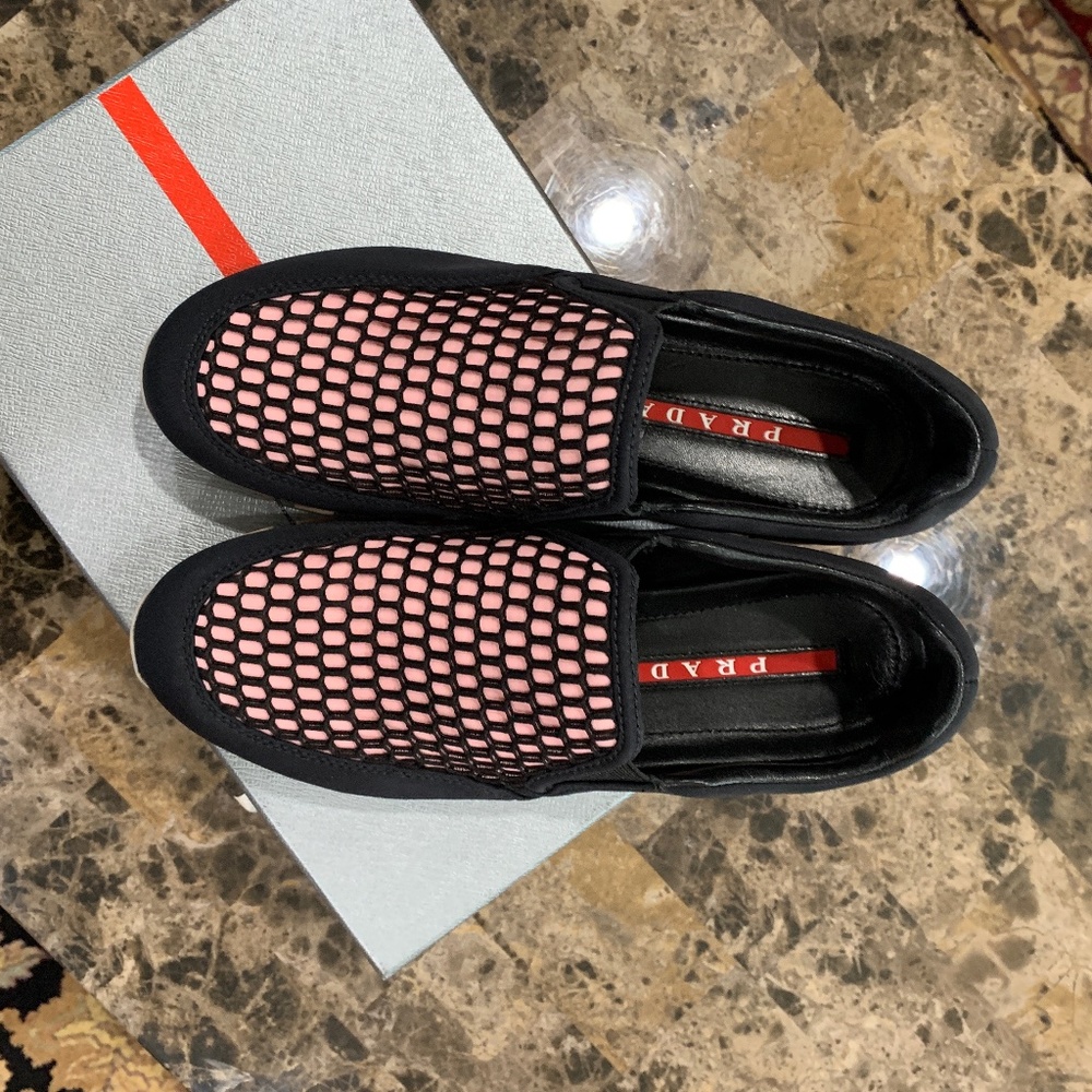 PRADA Women's Black/Pink Neoprene Honeycomb Sneake - Picture 2 of 11